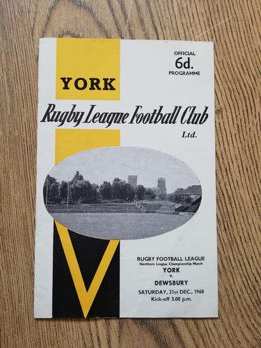 York v Dewsbury Dec 1968 Rugby League Programme