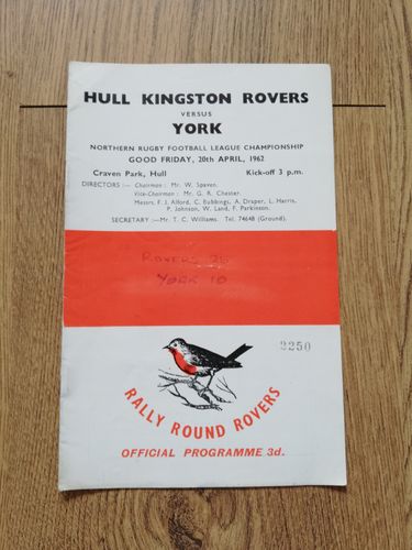 Hull KR v York April 1962 Rugby League Programme
