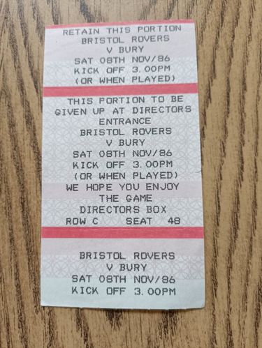 Bristol Rovers v Bury Nov 1986 Used Directors Box Football Ticket