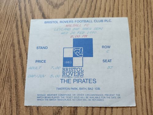 Bristol Rovers v Walsall Feb 1990 Used Leyland Daf Cup Football Ticket