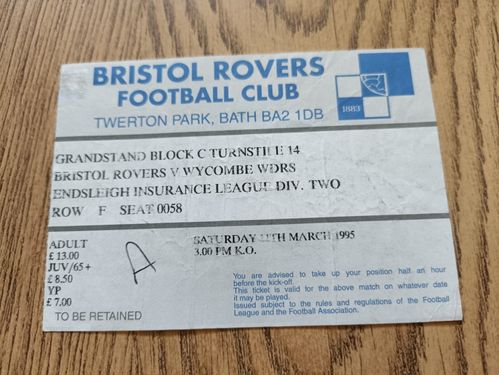 Bristol Rovers v Wycombe March 1995 Used Football Ticket
