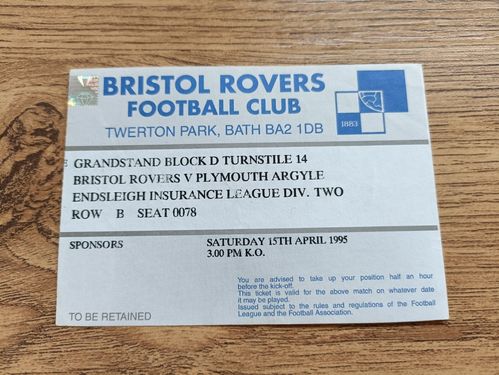 Bristol Rovers v Plymouth Argyle April 1995 Used Football Ticket