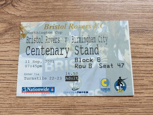 Bristol Rovers v Birmingham City Worthington Cup 2001 Used Football Ticket