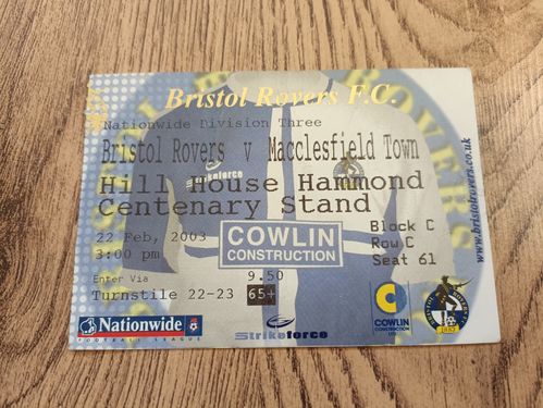 Bristol Rovers v Macclesfield Town Feb 2003 Used Football Ticket