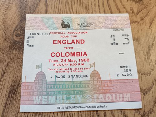 England v Colombia May 1988 Used Football Ticket