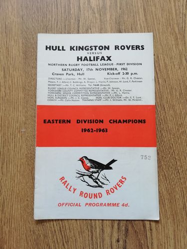 Hull KR v Halifax Nov 1962 Rugby League Programme