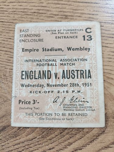 England v Austria Nov 1951 Used Football Ticket
