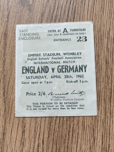 England Schools v Germany Schools April 1962 Used Football Ticket
