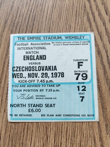 England v Czechoslovakia Nov 1978 Used Football Ticket