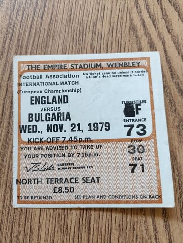 England v Bulgaria Nov 1979 Used Football Ticket