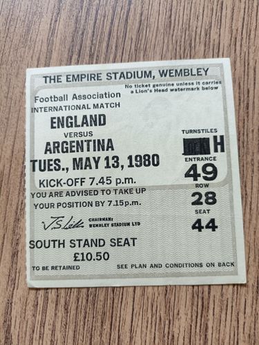 England v Argentina May 1980 Used Football Ticket