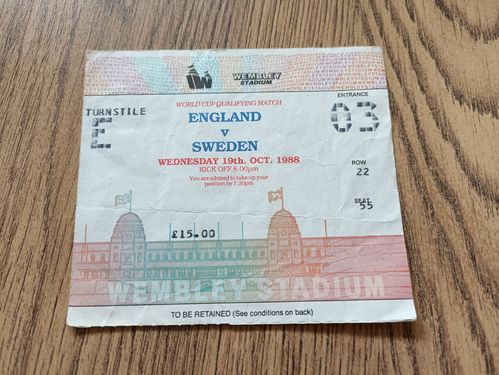 England v Sweden Oct 1988 World Cup Qualifier Used Football Ticket