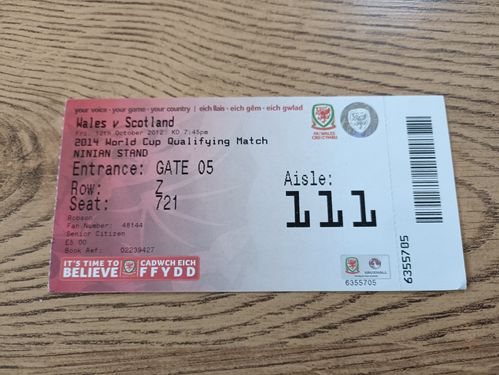 Wales v Scotland Oct 2012 World Cup Qualifier Used Football Ticket