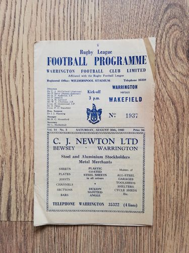 Warrington v Wakefield Aug 1960 Rugby League Programme