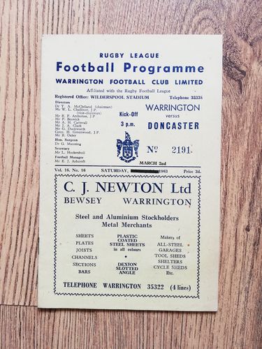 Warrington v Doncaster March 1963 Challenge Cup Rugby League Programme