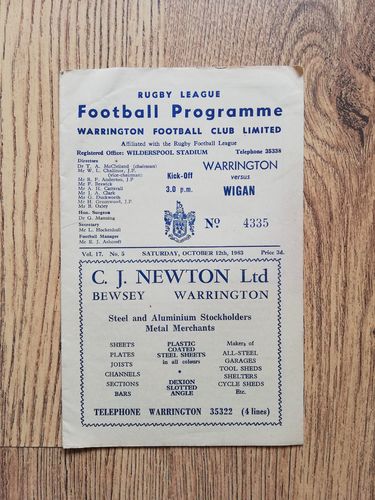 Warrington v Wigan Oct 1963 Rugby League Programme