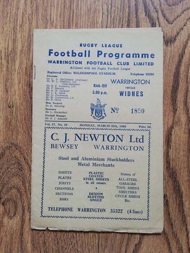 Warrington v Widnes March 1964 Rugby League Programme