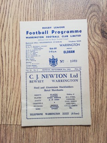 Warrington v Oldham Sept 1964 Rugby League Programme