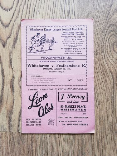 Whitehaven v Featherstone Rovers Jan 1960 Rugby League Programme