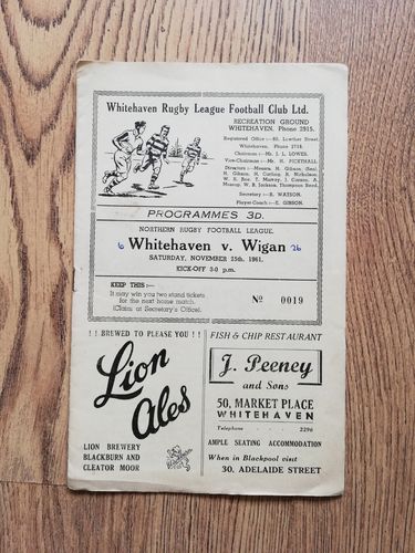 Whitehaven v Wigan Nov 1961 Rugby League Programme