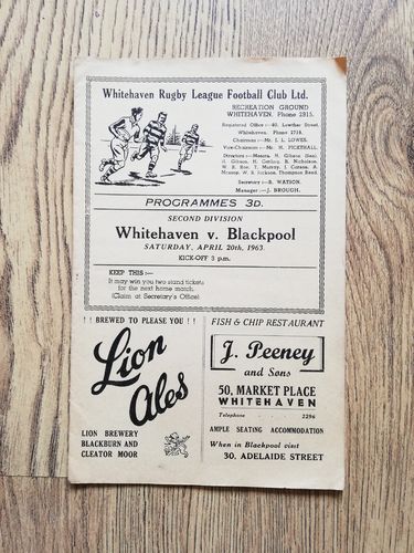 Whitehaven v Blackpool April 1963 Rugby League Programme
