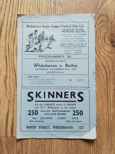 Whitehaven v Batley Nov 1963 Rugby League Programme