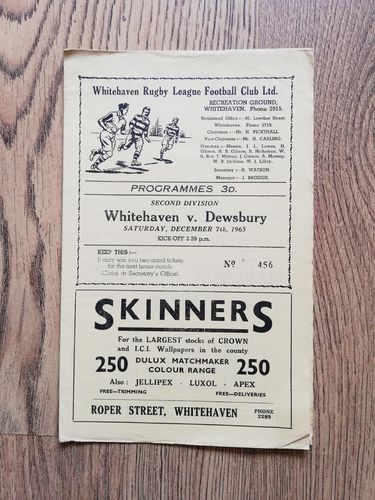 Whitehaven v Dewsbury Dec 1963 Rugby League Programme