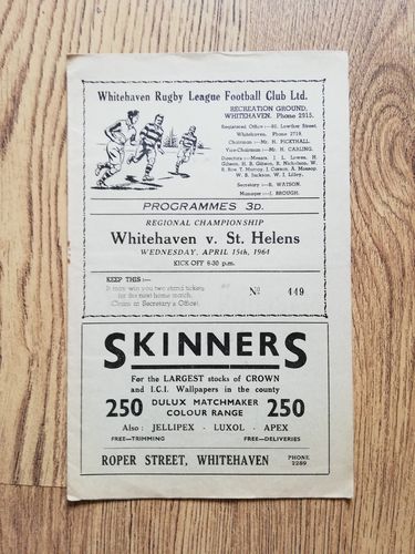 Whitehaven v St Helens Apr 1964 Rugby League Programme