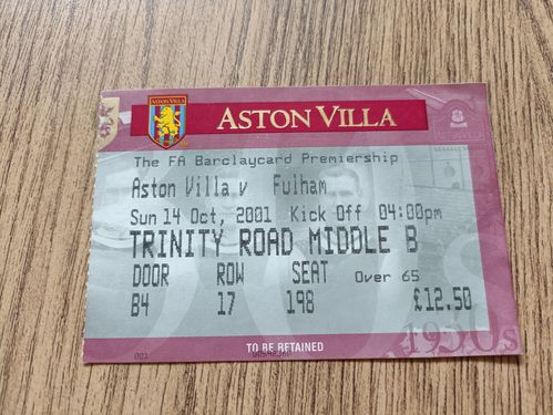 Aston Villa v Fulham Oct 2001 Used Football Ticket