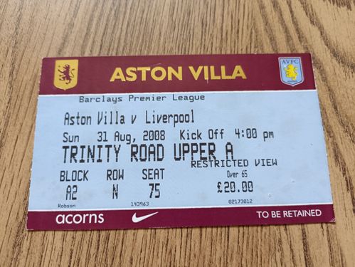 Aston Villa v Liverpool Aug 2008 Used Football Ticket