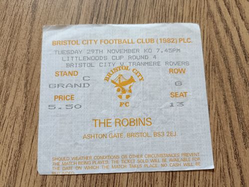 Bristol City v Tranmere Rovers Nov 1988 Littlewoods Cup Used Football Ticket