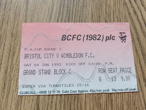 Bristol City v Wimbledon Jan 1992 FA Cup Used Football Ticket
