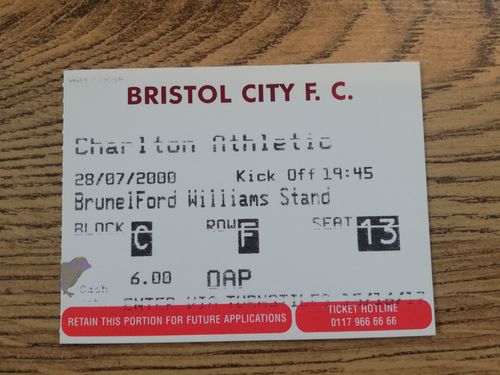 Bristol City v Charlton Athletic July 2000 Used Football Ticket