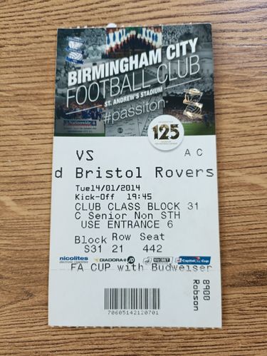 Birmingham City v Bristol Rovers Jan 2014 FA Cup Used Football Ticket