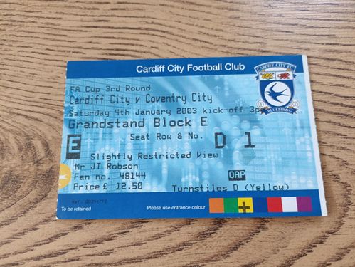 Cardiff City v Coventry City Jan 2003 FA Cup Used Football Ticket