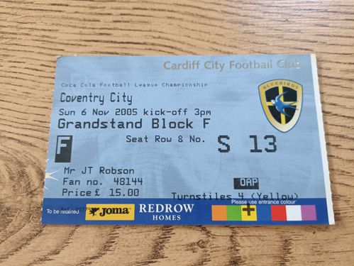 Cardiff City v Coventry City Nov 2005 Used Football Ticket