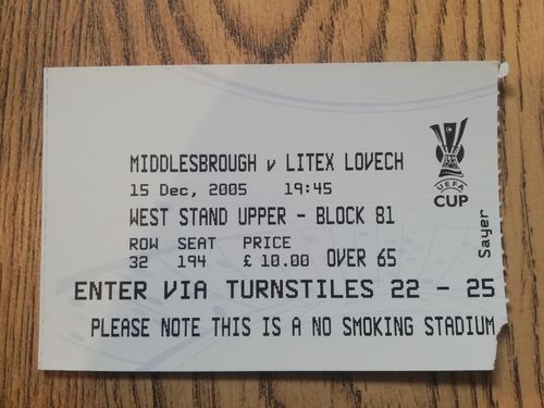 Middlesbrough v Litex Lovech Dec 2005 UEFA Cup Used Football Ticket