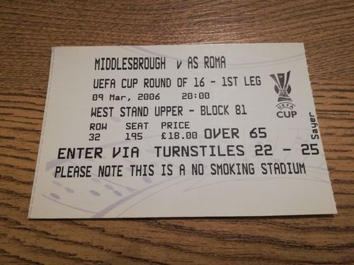 Middlesbrough v AS Roma March 2006 Uefa Cup Used Football Ticket