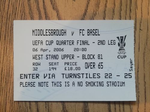 Middlesbrough v FC Basel April 2006 Uefa Cup Quarter-Final Used Football Ticket