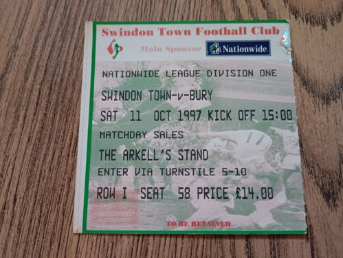 Swindon Town v Bury Oct 1997 Used Football Ticket