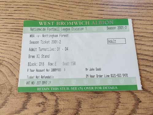 West Bromwich Albion v Nottingham Forest Nov 2001 Used Football Ticket
