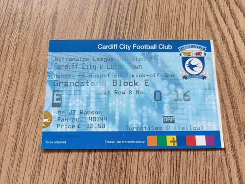 Cardiff City v Luton Town Aug 2002 Used Football Ticket