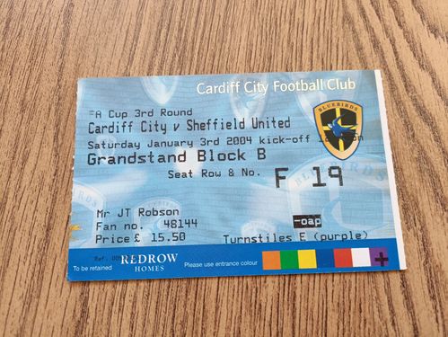 Cardiff City v Sheffield United Jan 2004 FA Cup Used Football Ticket