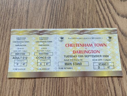 Cheltenham Town v Darlington Sept 2000 Used Football Ticket