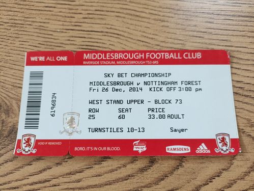 Middlesbrough v Nottingham Forest Dec 2014 Used Football Ticket