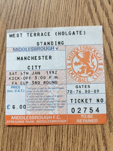 Middlesbrough v Manchester City Jan 1992 FA Cup Used Football Ticket
