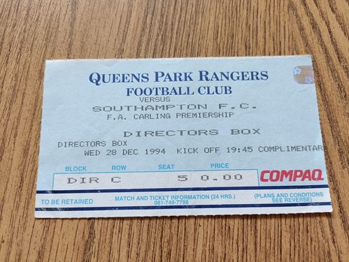Queens Park Rangers v Southampton Dec 1994 Used Football Ticket