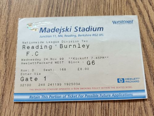 Reading v Burnley Nov 1999 Used Football Ticket