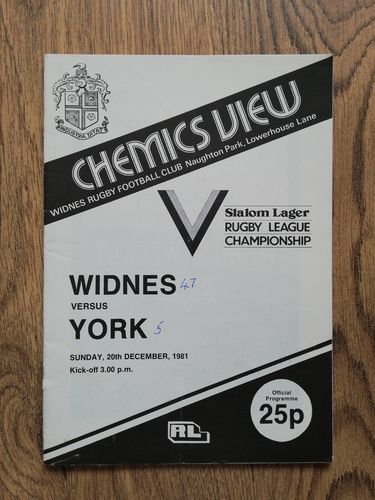 Widnes v York Dec 1981 Rugby League Programme