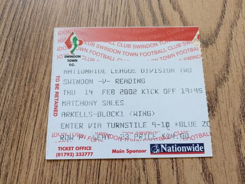 Swindon v Reading Feb 2002 Used Football Ticket
